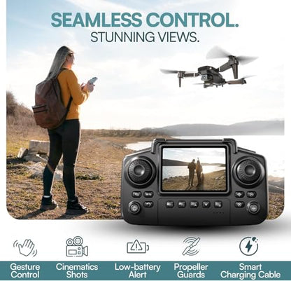 Falcon X 4K Camera Drone with Built-In Screen Remote Controller, WiFi FPV Foldable Quadcopter with 3 Batteries & Carrying Case – Beginner-Friendly Drone for Adults