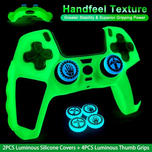 2 Pack Glow in The Dark Green PS5 Controller Skin,Include 4 Pcs Thumb Grips Glow Accessories. (2 Pack Glow Green Black) - color: 2 Pack Glow Green Black