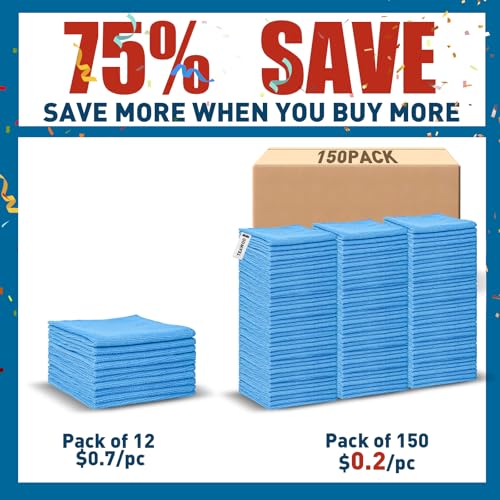 TEAWOO Blue Microfiber Towels Bulk-150 Pack, Cleaning Cloths - color: Blue, size: 150 Pack