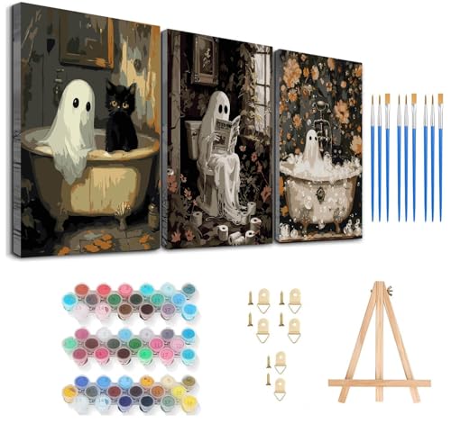 Axquilon 3 Packs Halloween Framed Paint by Numbers Kit for Adults 8x10in - color: 3 Pack Ghost with Easel