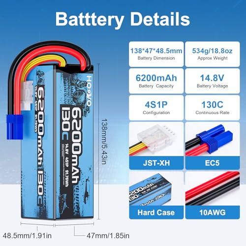 HOOVO 4S Lipo Battery, 14.8V 6200mAh 130C RC Car Battery Hard Case EC5 Plug