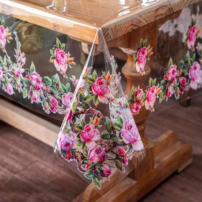 ARTABLE Clear Vinyl Tablecloth Rose Floral Print Wipeable 52 x 70 Inch - color: Rose, size: 70" x 52" (Rectangular)