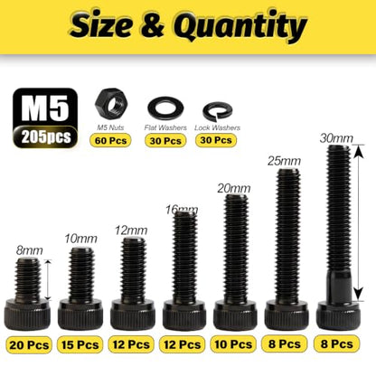 KADRICK 205PCS M5 Screws Kit,Class 12.9 Alloy Steel Hex Socket Head Cap - size: M5 205Pcs