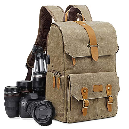 UBAYMAX Canvas Camera Backpack for Canon Nikon Sony DSLR SLR Waterproof - color: Khaki Brown