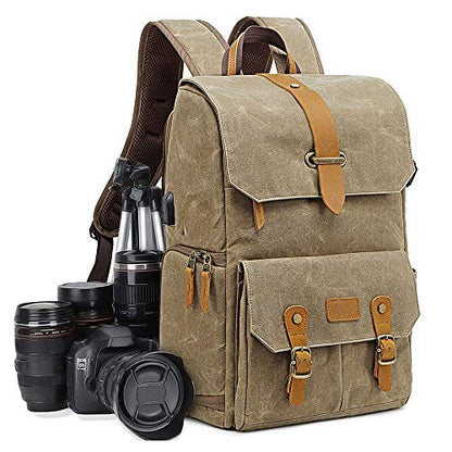UBAYMAX Canvas Camera Backpack for Canon Nikon Sony DSLR SLR Waterproof - color: Khaki Brown