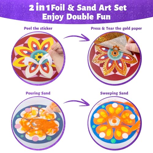 Foil Fun & Sand Art Kit for Kids, 2 in 1 Mandala Foil Arts and Sand Painting Pictures Coloring Kits, DIY Crafts Gifts for Girls and Boys Ages 4-8 - color: Foil Fun & Sand Art