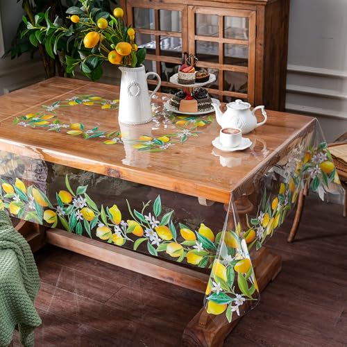 ARTABLE Clear Vinyl Tablecloth Lemon Floral Print Wipeable 52 x 70 Inch - color: Lemon, size: 70" x 52" (Rectangular)