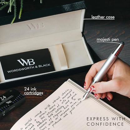 Wordsworth & Black Majesti Luxury Fountain Pen Set for Writing, Medium Nib - color: Metallic Silver, style: Medium Nib