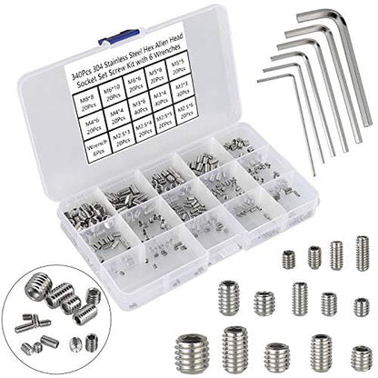 340Pcs M2.5, M3, M4, M5, M6, M8 Metric Hex Socket Head Cup Point Set Screws, Allen Head Grub Screw, Internal Hex Drive Headless Set Screw Assortment Kit with 6 Hex Wrenches, 304 Stainless Steel - color: Silver-340pcs Metric M2.5-M8 Cup Point Set Screw