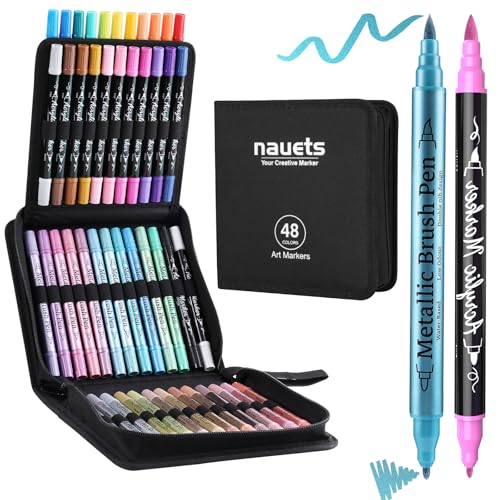 24 Metallic & 24 Acrylic Paint Markers Pens - Brush & Fine Dual Tip 48 Pack