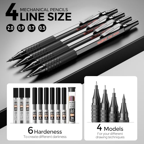 Nicpro Art Drawing Supplies Kit with 30PCS Black Mechanical Pencil Set in Leather Case