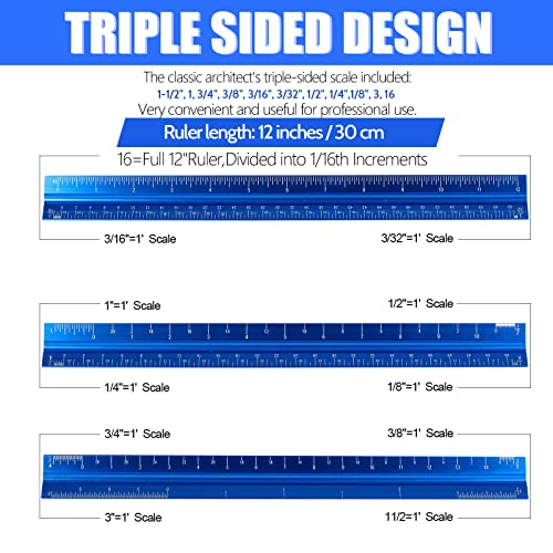 12" Architectural Scale Ruler, Aluminum Scale, Triangular Ruler, Scale Ruler for Blueprint Imperial Measurements for Architects Engineering Artists, Draftsman Drawing, Laser-Etched Markings.(Blue) - color: blue