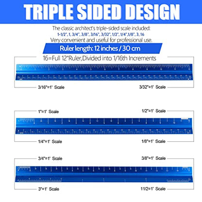 12" Architectural Scale Ruler, Aluminum Scale, Triangular Ruler, Scale Ruler for Blueprint Imperial Measurements for Architects Engineering Artists, Draftsman Drawing, Laser-Etched Markings.(Blue) - color: blue