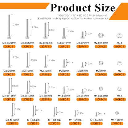 304 Stainless Steel 1050PCS M1.4 M1.6 M2 M2.5 Knurl Socket Head Cap Screws Hardware Kit Hex Socket Head Cap Bolts, Nuts & Washers Assorted Set for DIY, 3D Printer - size: 1050pcs