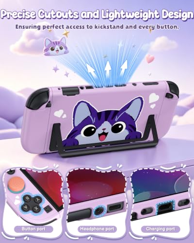 Switch 2 Cute Case, FYOUNG Dockable Kawaii Cat Protective Cover Shell - color: Purple Cute Cat, size: 7.9Inch Switch 2