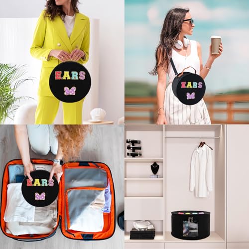 Chenille Letter Bow Mouse Ears Travel Case, Large Round Tote Storage Box - color: Black Chenille Letters