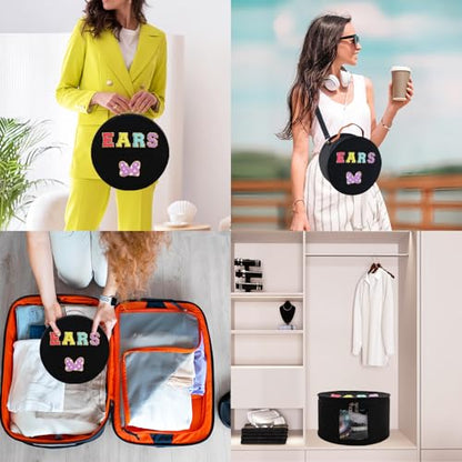 Chenille Letter Bow Mouse Ears Travel Case, Large Round Tote Storage Box - color: Black Chenille Letters