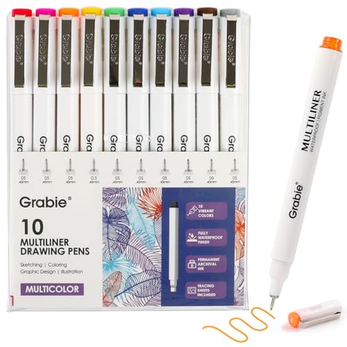 Grabie Micro Fineliner Pens, 10 Multicolor Waterproof Drawing Pens - color: 10-Multicolor