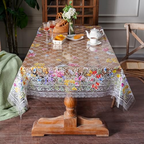 ARTABLE Clear Vinyl Tablecloth Floral Grass Print Wipeable 60 x 104 Inch - color: Flowers, size: 104" x 55" (Rectangular)