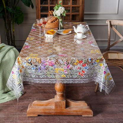 ARTABLE Clear Vinyl Tablecloth Floral Grass Print Wipeable 60 x 104 Inch - color: Flowers, size: 104" x 55" (Rectangular)