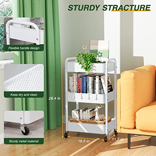 LEHOM 3 Tier Rolling Cart, Metal Rolling Utility Cart with Lockable Wheels - color: White