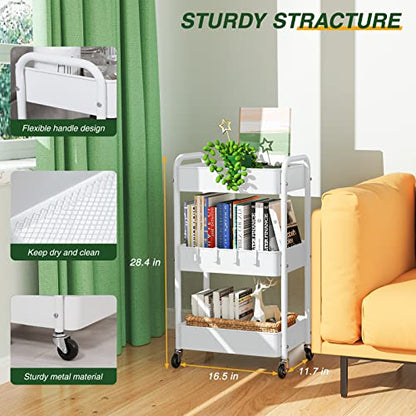 LEHOM 3 Tier Rolling Cart, Metal Rolling Utility Cart with Lockable Wheels - color: White