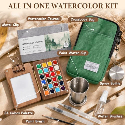 Mini Watercolor Paint Set, 24 Colors Travel Watercolor Set - color: Green