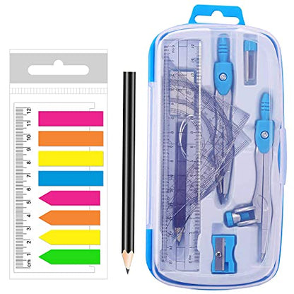 Akuoly Math Compasses Back-to-School Starter Geometry Kit with 2 Drafting Compasses Protractor Set Squares Ruler and More for Students Maths Study Homework, Blue Set with Carry Case