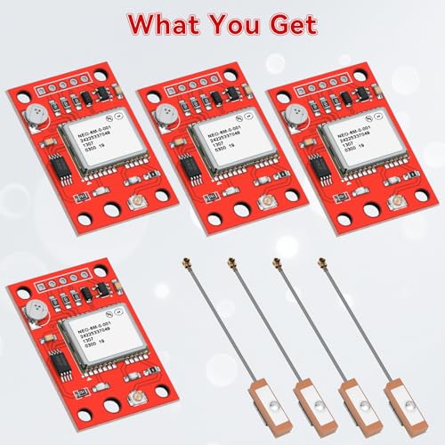 4 Pack GY-NEO6MV2 NEO-6M GPS Module - Flight Controller Module Board 3V-5V with Super Strong Ceramic Antenna Compatible with Ar duino ESP 32 Rasp Berry P i EEPROM APM 2.5 (Red) - color: Red