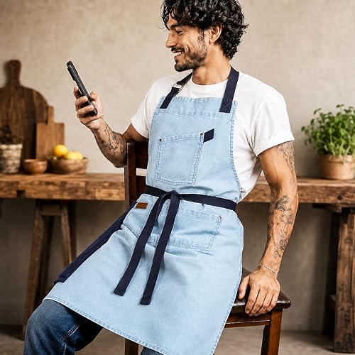 100% Cotton Printed Kitchen Apron with 2 Pockets for Men and Women – Adjustable Chef Apron - Machine Washable - color: Sky Blue