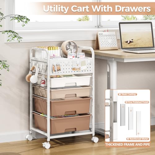 4 Drawer Rolling Storage Cart with Pegboard Top and Hooks, Brown - color: Brown, size: 4-Drawers