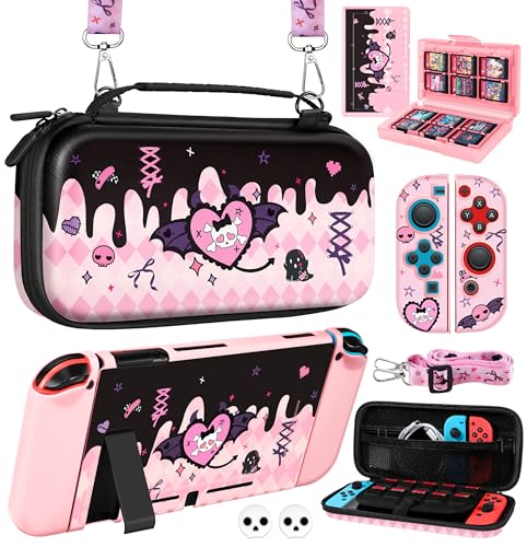 Gurgitat 8in1 Kits Accessories Bundle for Nintendo Switch 2017 - Cute Carrying Case, Protective Cover, Joy Con Grips, Thumb Grips, 24 Game Holder, Shoulder Strap Teens Boys Girls, Skull - color: Skull, size: for Nintendo Switch 2017