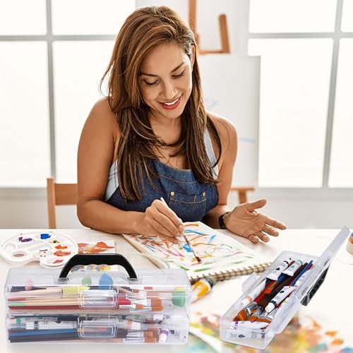 BTSKY 3 Pack Clear Plastic Painting Brush Container with Black Handle, Portable Long Paintbrush Case, Drawing Tools Storage Box, Practical Art Supply Organizer for Artist Crafters, 13.2"x3.5"x2.4"