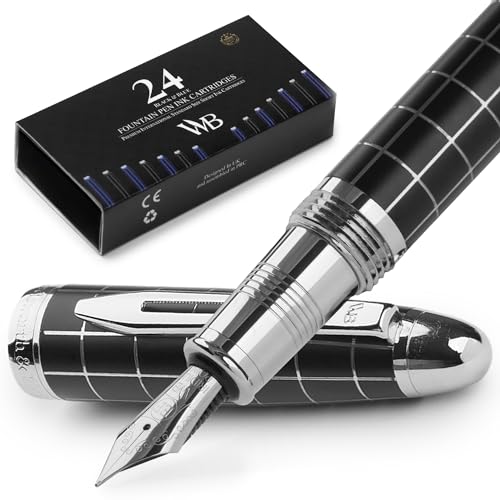 Wordsworth & Black Majesti Fountain Pen Set for Writing, Extra Fine Nib - color: Checked Chrome, style: Extra Fine Nib