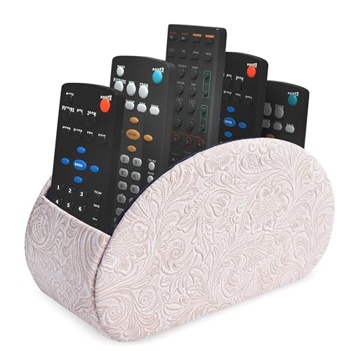 Remote Control Holder, PU Leather Remote Caddy Desktop Organizer with 5 Spacious Compartments for TV Remotes/Media Controllers/Office Supplies (1-Carved3 White - color: 1-Carved3 White