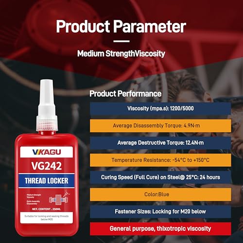 VIKAGU 242 Blue Medium Strength Removable Thread Locker - 8.45 Oz/250ml High Cost-Performance Ratio - Thread Glue for Screws -Anaerobic Blue Locktight- Thread Lock for Bolts,Nuts - style: $39.99/250ML