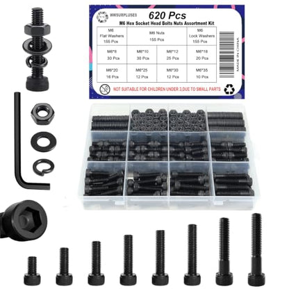 620Pcs M6 Screw Kit, Hex Socket Head Cap M6 Screws, M6 Bolts Nuts Washers - color: Black, size: Black M6 (620 Pcs)