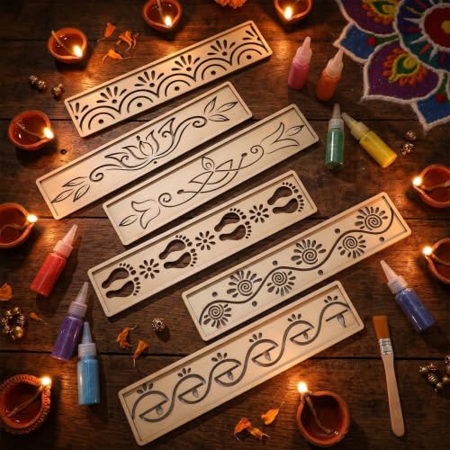 Eaasty 6 Sets 12'' Diwali Rangoli Stencils Wooden DIY Sand Art Set