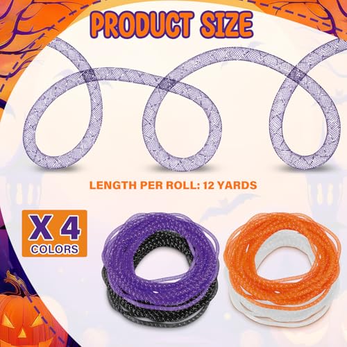 Arrowbash 4 Pcs Halloween Mesh Tubing for Crafts, Purple Orange Black White