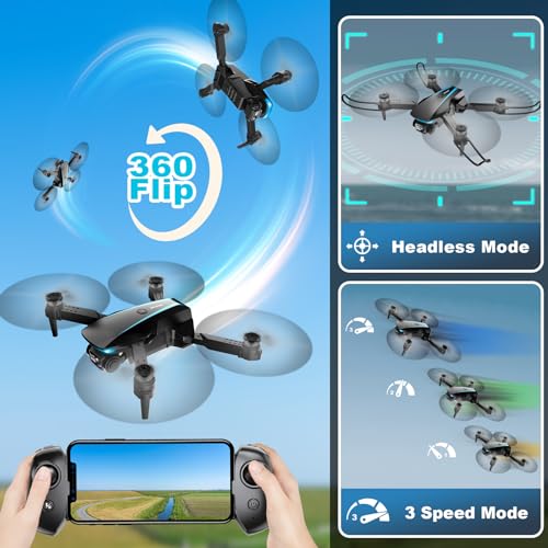 Oddire Drone with Camera - Drones for Adults, with 2 Batteries, Carrying Case, Propellers, 1080P HD Foldable Drone with Stable Hover, Trajectory Flight, Gravity Control, One Key Take Off/Land, 3D Flip - color: Blue