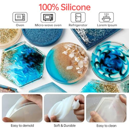 8 Pcs Silicone Resin Coaster Molds, Round & Hexagon Tray - color: 4 Round + 4 Hexagonal