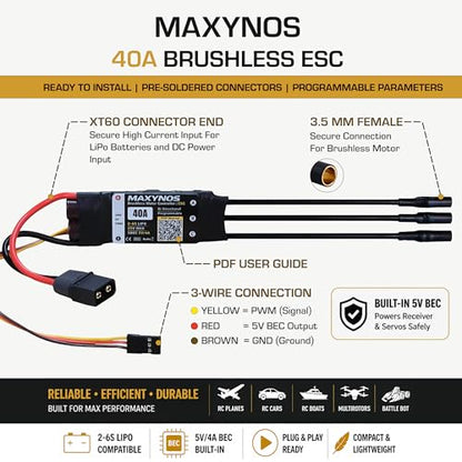 Bidirectional 40A Electronic Speed Controller, 2-6S Lipo ESC with XT60 Connector, 7.4-25V, for RC Vehicles, Drones, Robotics, & Underwater Thruster (40A) - size: 40A