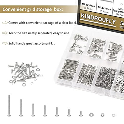 562 Pieces M2.5 x 4/6 /8/10 /12/16 /20mm Button Head Socket Cap Screws Nuts Washers Assortment Kit, 304 Stainless Steel, Fully Machine Thread - size: M2.5, style: Button Head
