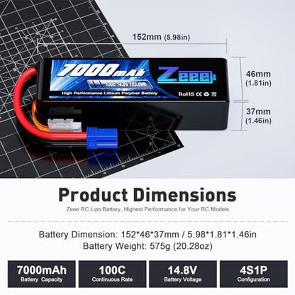 Zeee 4S Lipo Battery 7000mAh 14.8V 100C with EC5 Connector (2 Pack)