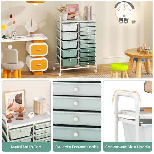 RELAX4LIFE 15-Drawer Storage Drawer Carts - Mobile Rolling Utility Cart - color: Gradient Green, style: 15 Drawers-34.5"