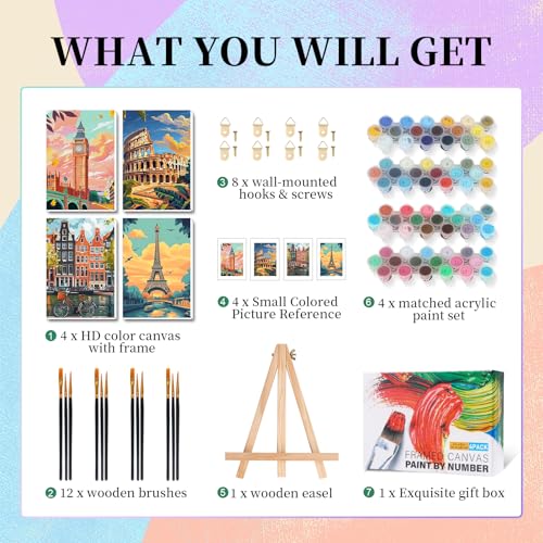 Camocin 4 Pack Framed Paint by Numbers Kit for Adults with Wooden Easel - color: LBOP4PF02