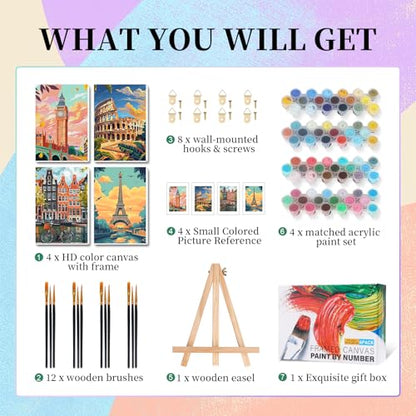 Camocin 4 Pack Framed Paint by Numbers Kit for Adults with Wooden Easel - color: LBOP4PF02