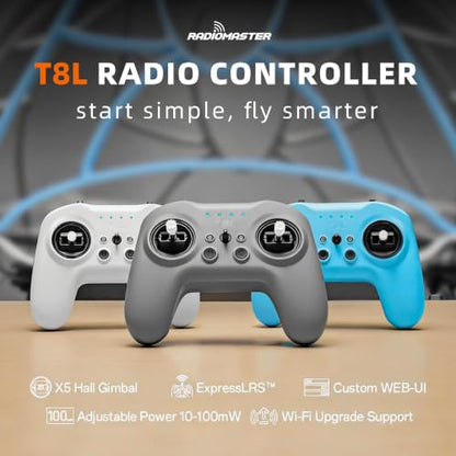 Radiomaster T8L ELRS 2.4GHz Radio Transmitter, 204g Lightweight Screenless Remote Controller with Hall-Effect Gimbals, USB-C Charging & Simulator Compatibility for FPV Drones (Grey) - color: Grey