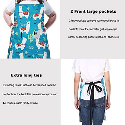 Plus Size Adjustable Bib Apron Water Resistant Canvas Extra Wide Long Ties Aprons with 2 Pockets Kitchen Cooking Gardening - color: Llama