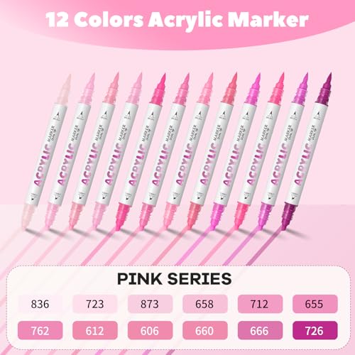 Pink Acrylic Paint Pens, Water Based 12 Colors Dual Tip - color: Pink Series